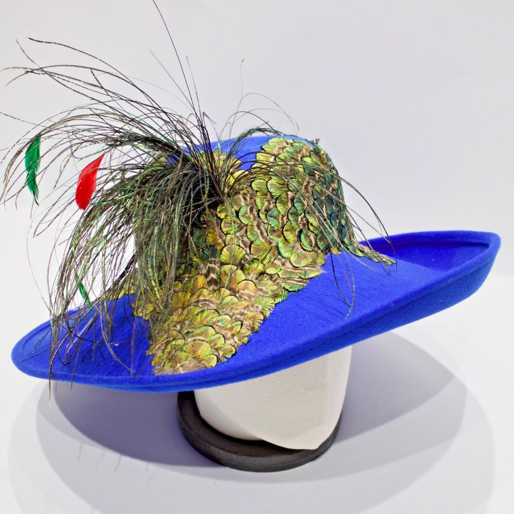 VTG Jack McConnell Blue 100% Wool Felt Fascinator Hat Green Gold Peacock Feather